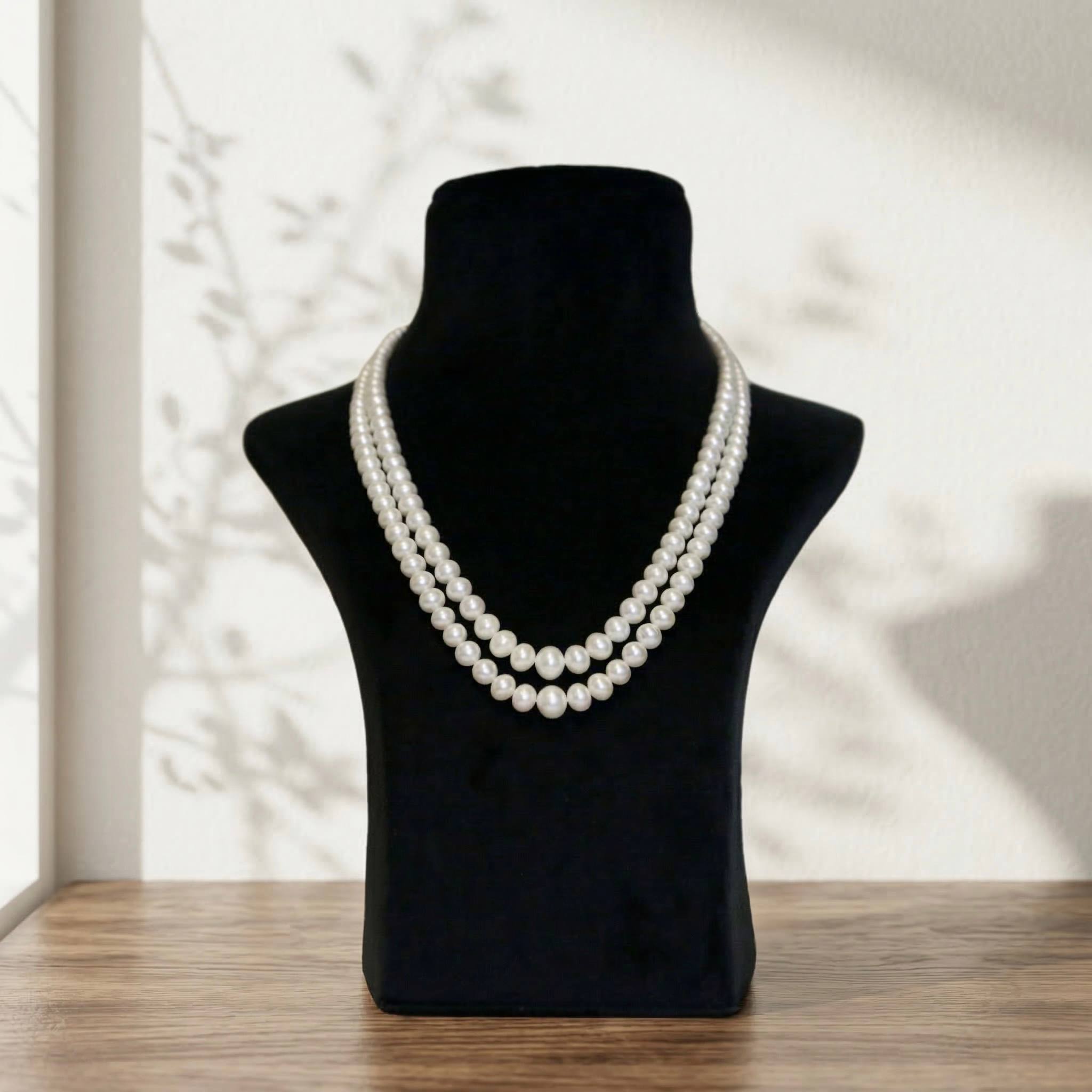 Lustrous Two Layer 18Inch Necklace With AA 5-9.5mm Graduated White Round Pearls