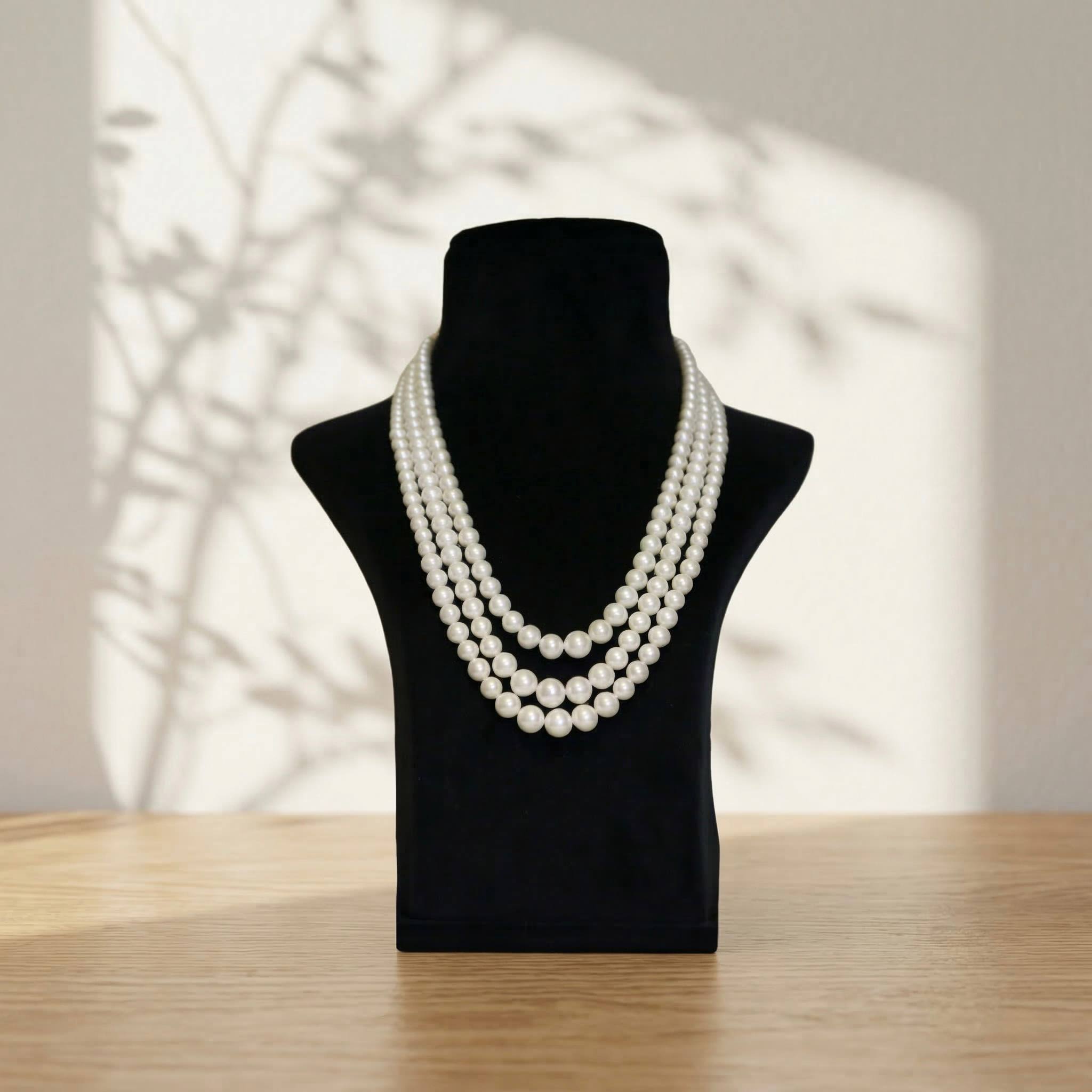 Opulent Triple Layer 20Inch Necklace With 4.5-10.5mm Graduated White Round Pearls
