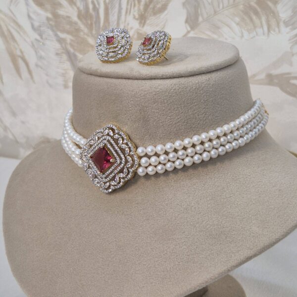 Glamorous White Round Pearls Choker With SP Ruby & CZ Pendant-1