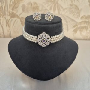 Captivating White Round Pearls Choker With SP Amethyst & CZ Pendant