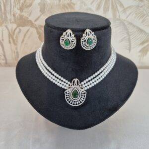Designer 3-line White Round Pearls Necklace With CZ & SP Emerald Pendant-1
