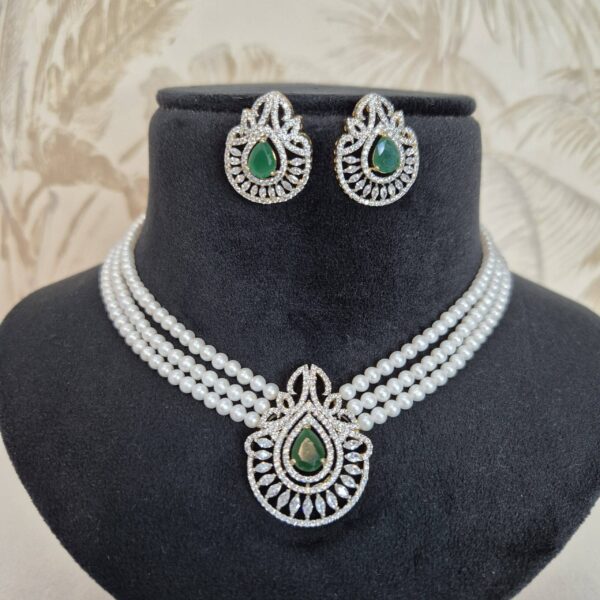 Designer 3-line White Round Pearls Necklace With CZ & SP Emerald Pendant-2