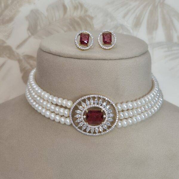 Radiant 6mm 3Line White Semi-Round Pearls Choker With CZ & SP Ruby Pendant-2