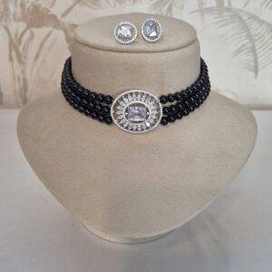 Dazzling 6mm 3Line Black Round Pearls Choker With CZ Pendant-1