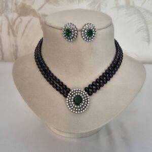 Designer 2-line 6mm Black Round Pearls Necklace With Victorian CZ Pendant