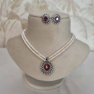 Designer 2-line 4.5mm Peach Semi-Round Pearls Necklace With Victorian Pendant