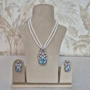 Ravishing 2Line Round White Pearl 18Inch Necklace With Starry Blue Topaz Pendant