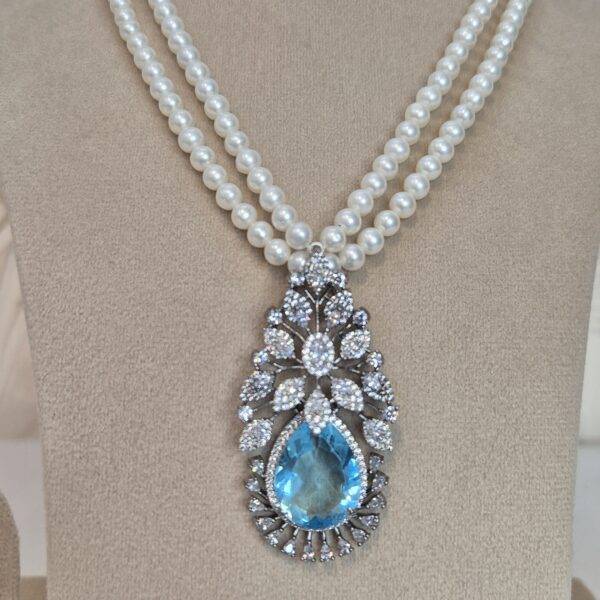 Ravishing 2Line Round White Pearl 18Inch Necklace With Starry Blue Topaz Pendant-1