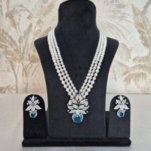 Magnificent 3Line White Round Pearls Necklace With Blue Topaz Victorian Pendant