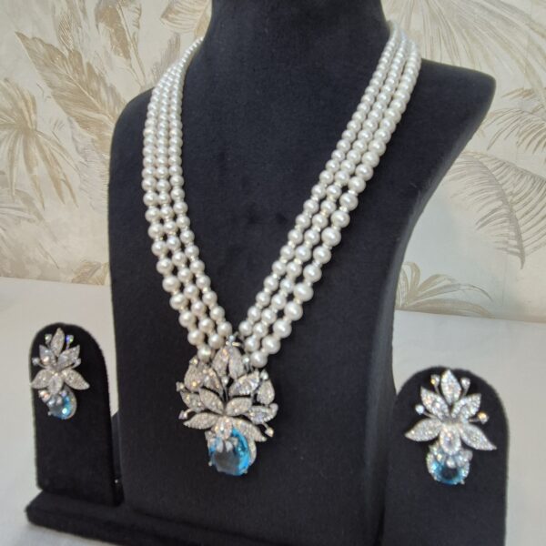 Magnificent 3Line White Round Pearls Necklace With Blue Topaz Victorian Pendant-2