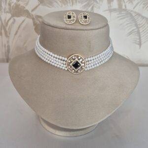 Dainty 4mm White Round Pearls Choker With CZ Pendant & Black Onyx