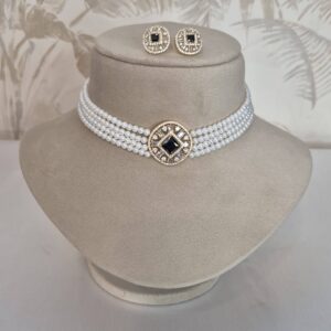 Dainty 4mm White Round Pearls Choker With CZ Pendant & Black Onyx