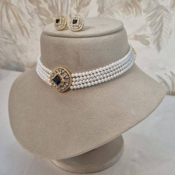 Dainty 4mm White Round Pearls Choker With CZ Pendant & Black Onyx-1