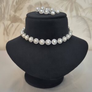 Classic Necklace Featuring Lustrous 7.5mm White Button Pearls With CZ