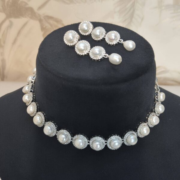 Classic Necklace Featuring Lustrous 7.5mm White Button Pearls With CZ-1