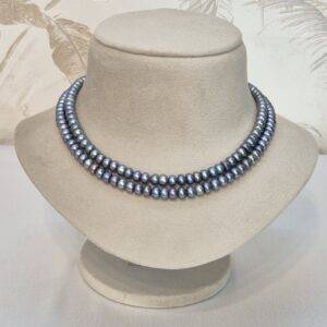 Lovely 2row 17Inch Necklace With 7mm Beautiful Blue Semi-Round Pearls