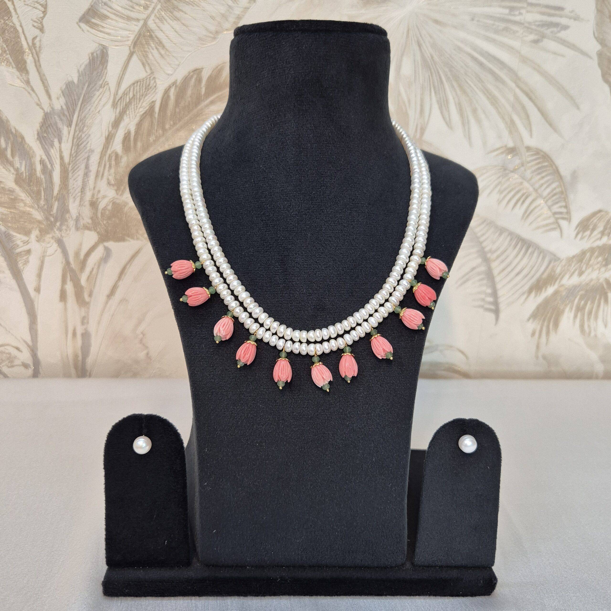 Elegant Two Row Necklace With 5.5mm White Semi-Round Pearls & Corals