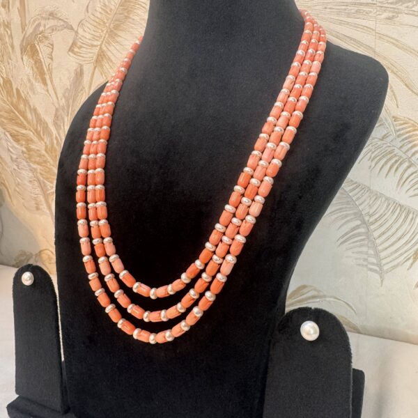 Charming 3-Layer 24Inch Long Necklace With White Pearls And Tulip Corals-1