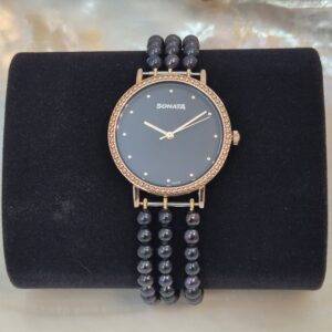 Sophisticated 3-Line 5mm Black Round Pearls Bracelet With Round Sonata Dial