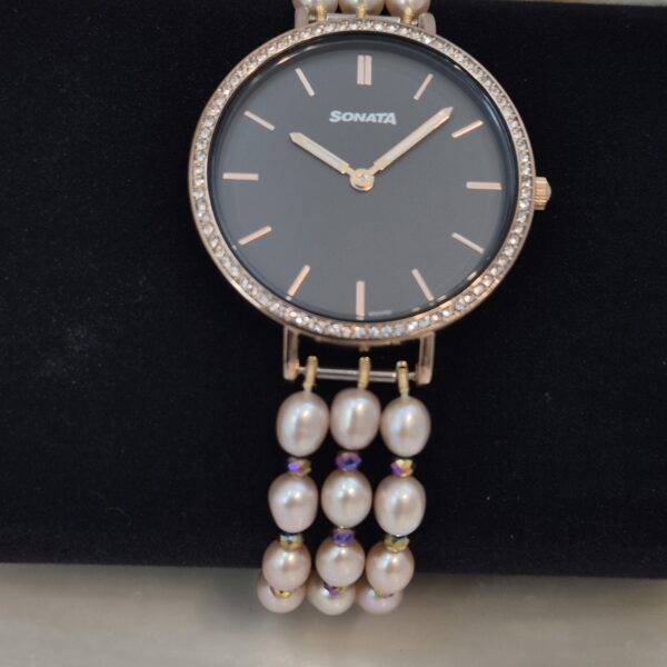 Dazzling 3-Line 5mm Pink Oval Pearls Bracelet With Round Sonata Dial-1