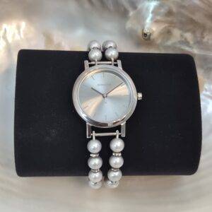 Sophisticated 2-Line Watch Featuring 7mm Grey Round Pearls and A Grey Sonata Dial