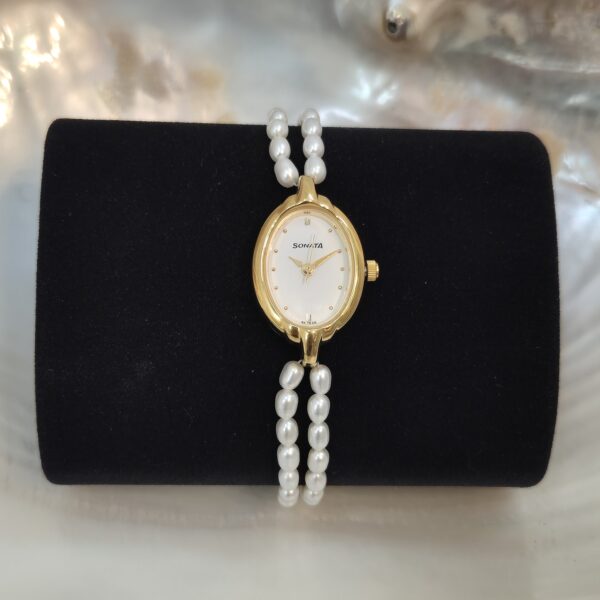 Subtle 2Line 3.5mm White Oval Pearls Watch With Sonata Dial