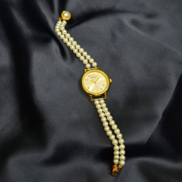 Timeless 2Line 5mm White Round Pearls Watch With Titan Dial-1