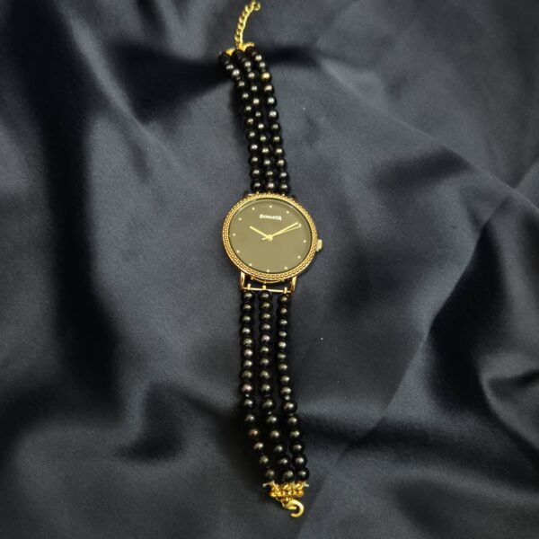 Sophisticated 3-Line 5mm Black Round Pearls Bracelet With Round Sonata Dial-2