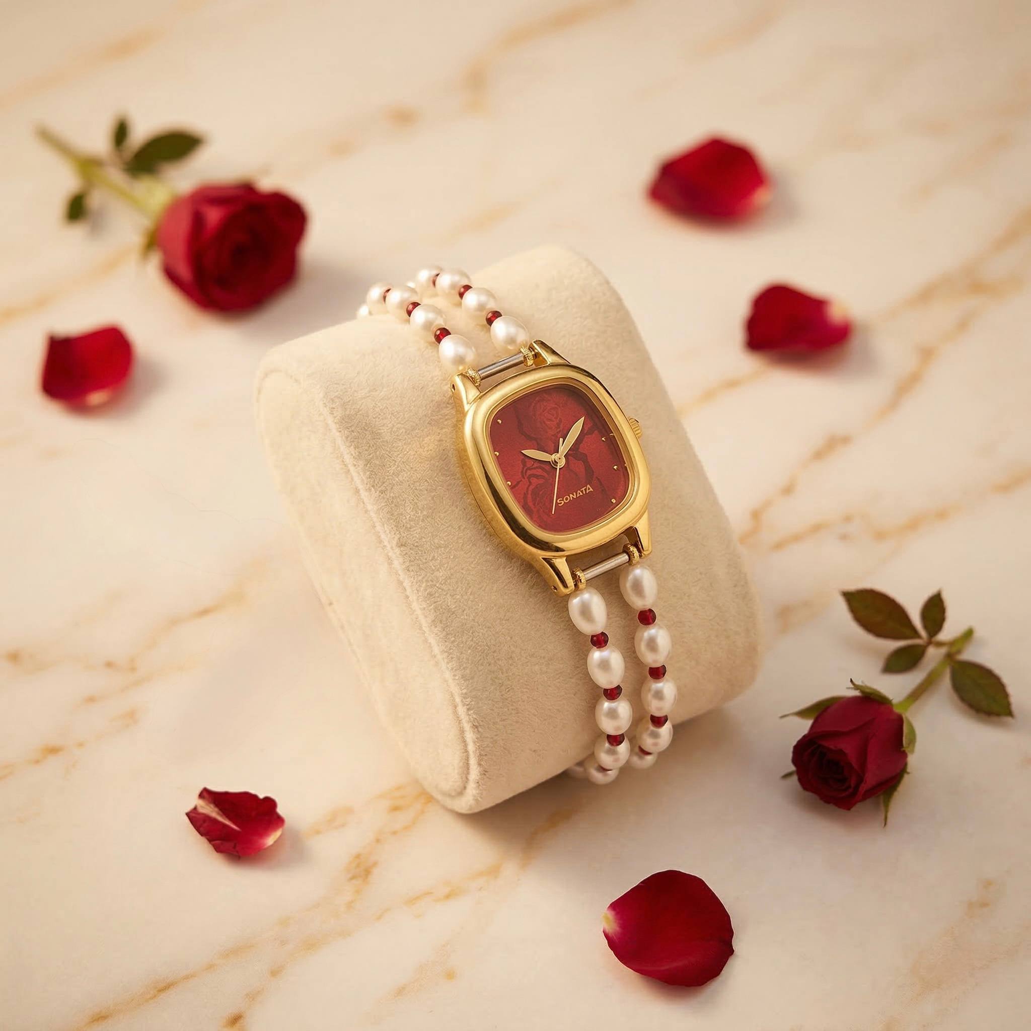 Elegant 2Line 5mm White Oval Pearls Watch With Sonata Dial