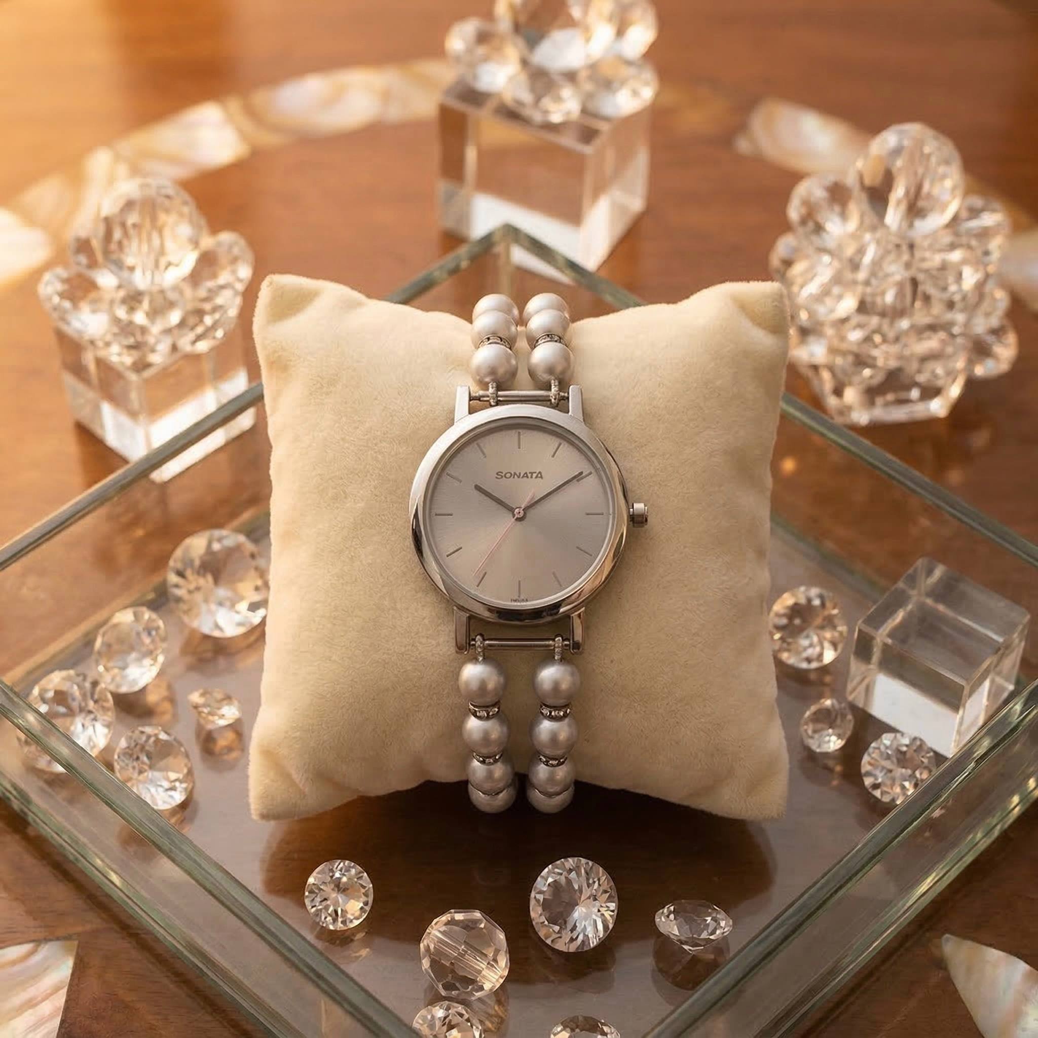 Sophisticated 2-Line Watch Featuring 7mm Grey Round Pearls and A Grey Sonata Dial