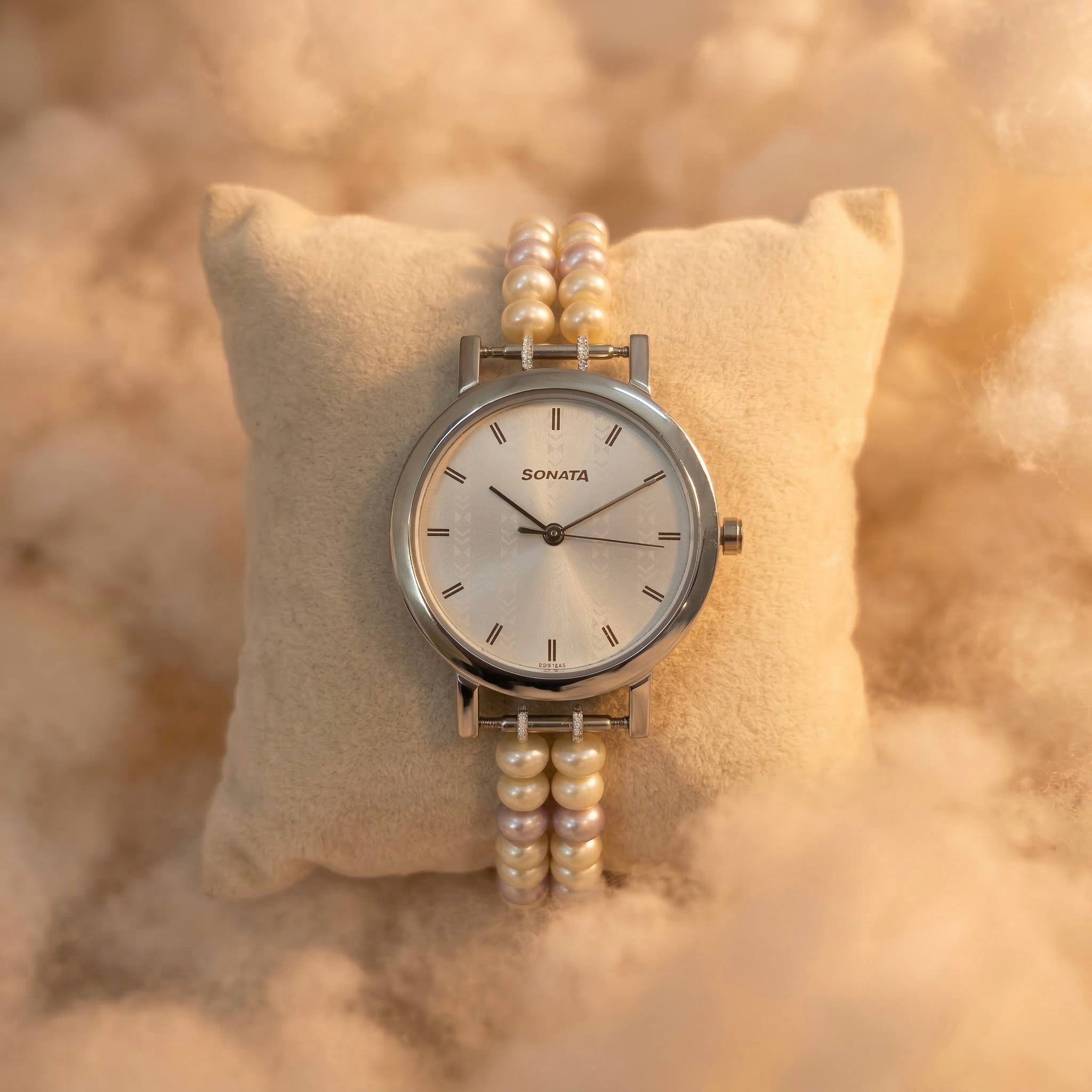 Cute 2-Line Watch with 4mm Light Green and Light Purple Pearls With Sonata Dial