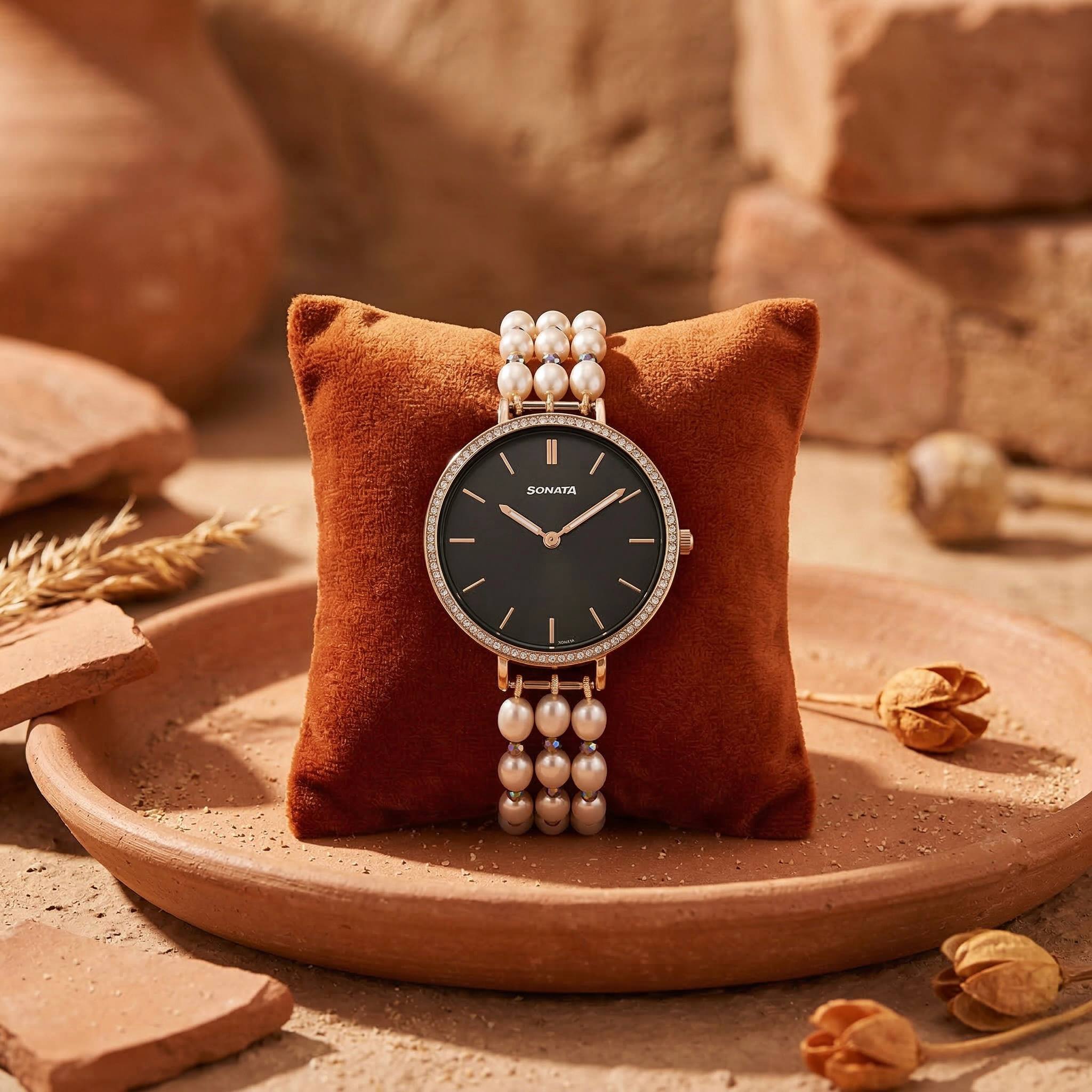 Dazzling 3-Line 5mm Pink Oval Pearls Bracelet With Round Sonata Dial