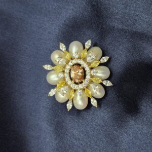 Glistening Golden Finish Brooch With White Oval Pearls & CZ's