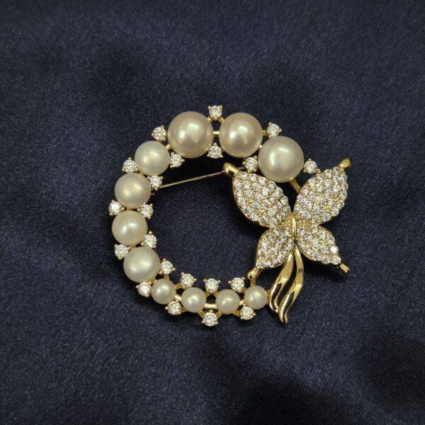 Elegant Wreath Brooch With White Button Pearls & Zircons