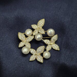 Whimsical Brooch With White Button Pearls & Butterfly Studded Zircons