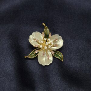 Delicate Mother Of Pearl Brooch With Enameled Leaves & CZ