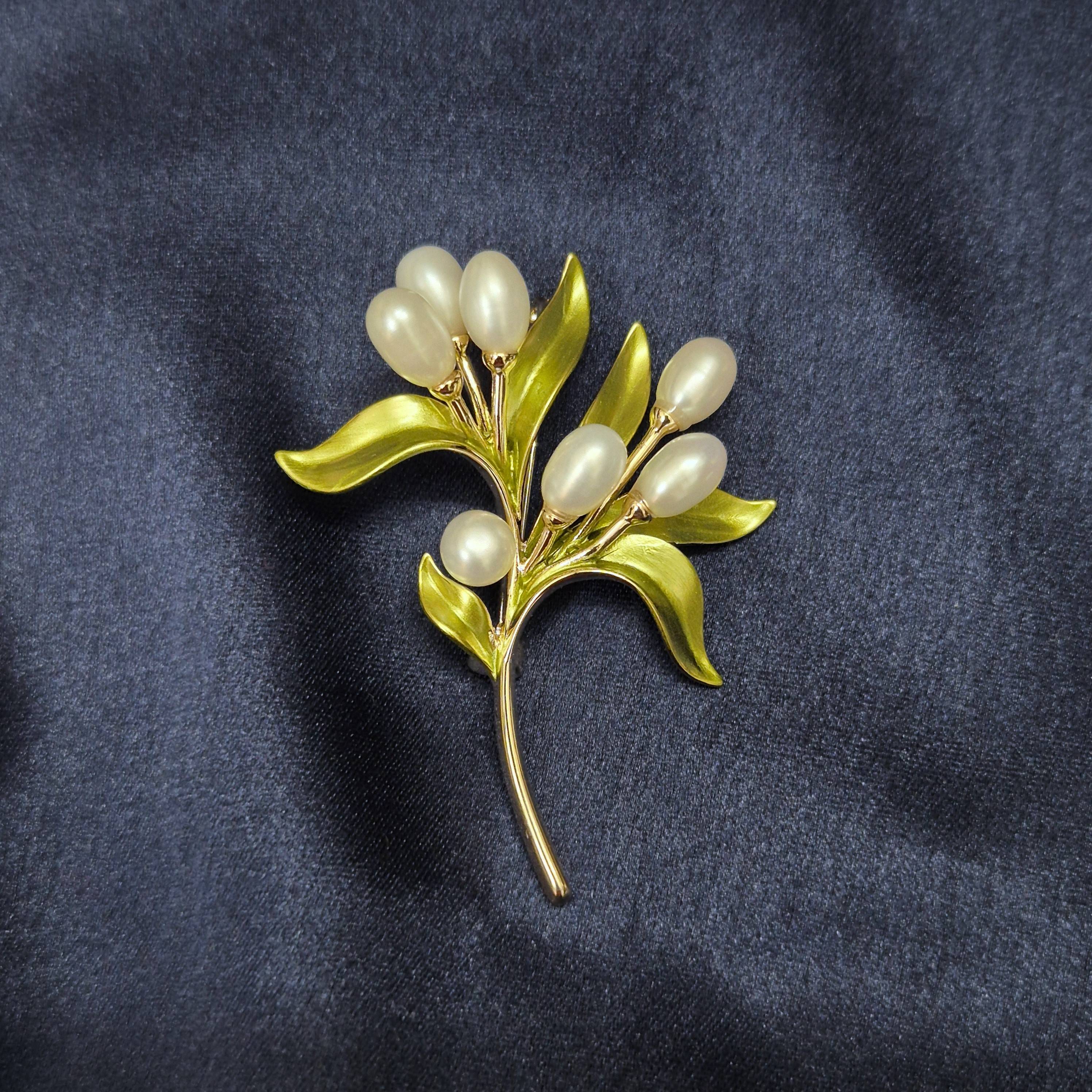 Enchanting Tree Shaped Brooch With White Pearls & Enamel Leaves