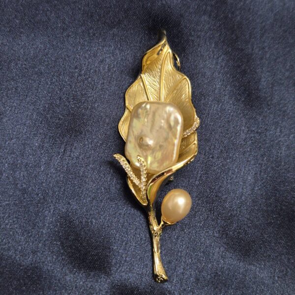 Muted Matte Golden Leafy Brooch With Baroque Pearl & CZ