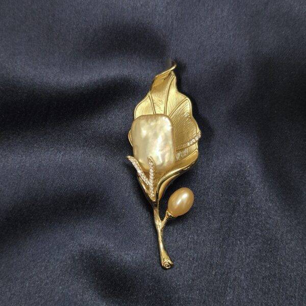 Sophisticated Matte Golden Leafy Brooch With Baroque Pearl & CZ