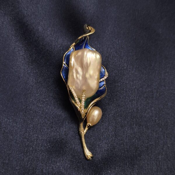 Delicate Blue Enameled Leafy Brooch With Baroque Pearl & CZ