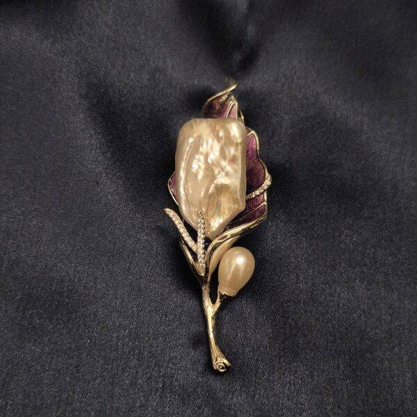 Delicate Purple Enameled Leafy Brooch With Baroque Pearl & CZ