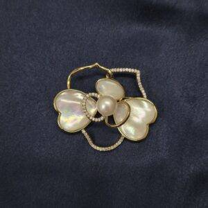 Artistic Mother of Pearl Rose Flower Brooch with White Button Pearl & CZ