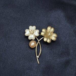 Pretty Floral Mother Of Pearl Brooch Enhanced With Peach Button Pearls & CZ