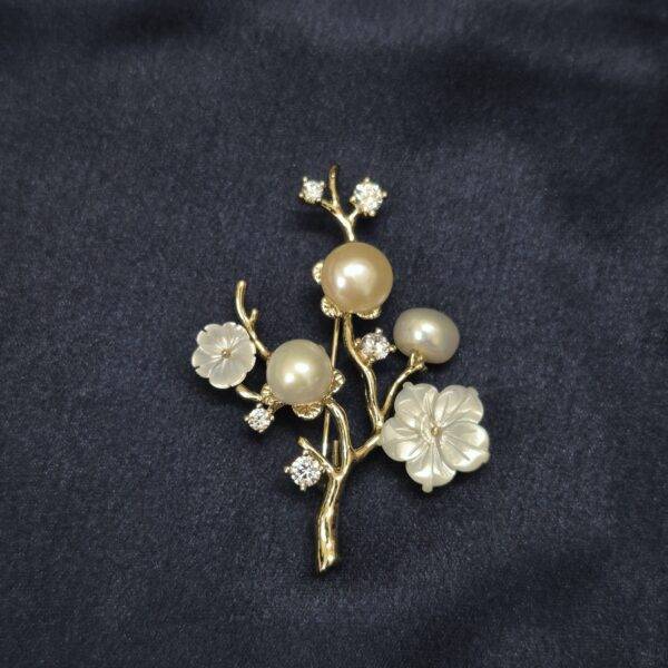 Ethereal Floral Mother Of Pearl Brooch Enhanced With Button Pearls & CZ