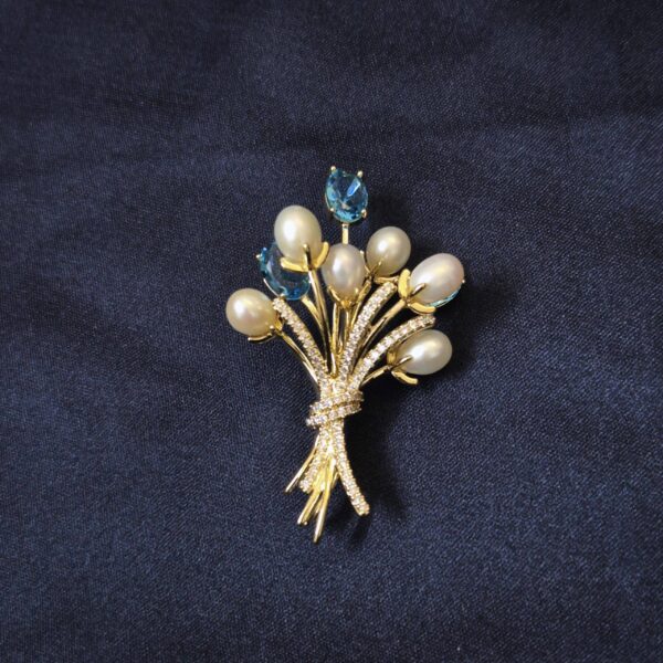 Elegant White Oval Pearl Bouquet Brooch With CZ & SP Aquamarine