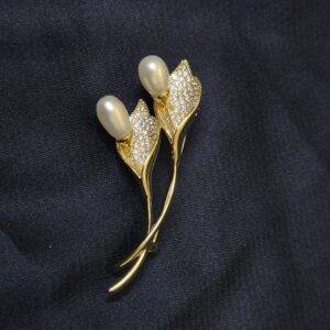 Beautiful Calla Lilly Brooch Enhanced With White Oval Pearls & CZs