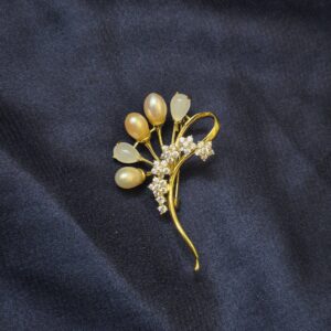 Traditional Golden Finish Floral Brooch with Oval Pearls & CZ