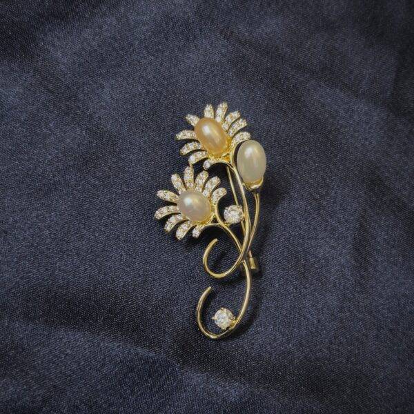 Pretty Floral Brooch Enhanced With Oval Pearls & CZ