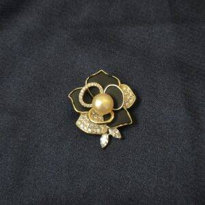 Stunning Black Rose Flower Brooch with Peach Button Pearl & CZ