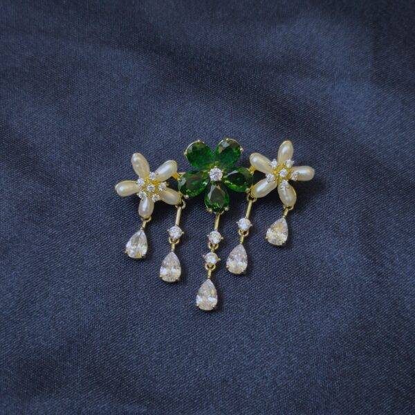 Gorgeous Floral White Oval Pearl Brooch With CZ & SP Emeralds